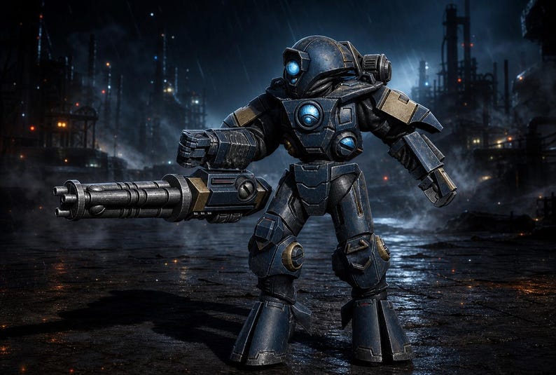 May include: A dark blue armored robot figure with tan accents, featuring a glowing blue circular chest light and a single glowing blue eye. The robot holds a large multi-barreled gatling gun in its right hand and stands on wide, sturdy feet.