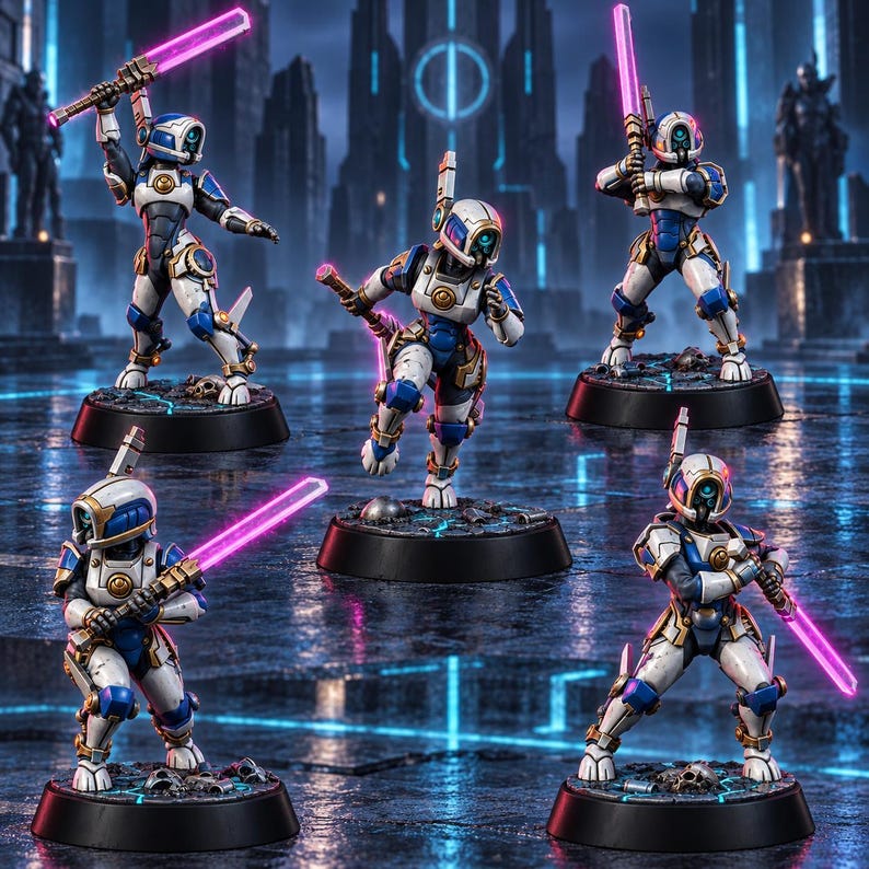 May include: Five miniature sci-fi figures in white and blue armor with gold accents, each wearing a helmet with a glowing blue visor. The figures are posed in dynamic combat stances, holding glowing pink energy blades on black circular bases.