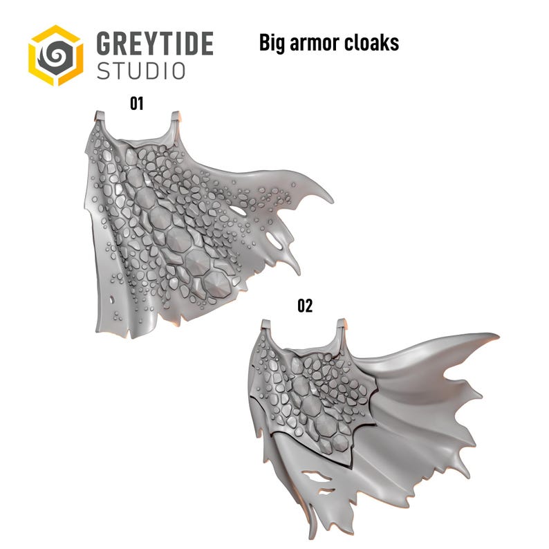May include: Two grey miniature cloaks labeled 01 and 02, featuring a textured scale pattern and tattered edges. The text GREYTIDE STUDIO and Big armor cloaks appear at the top. These sculpted pieces are designed for tabletop gaming figures.
