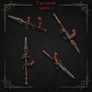 May include: Four miniature spears with metallic silver blades and dark red armor plating on the handles. Each spear features intricate gold-toned detailing and a dark grip. The text "Two handle spears 5" is centered at the top of the image.