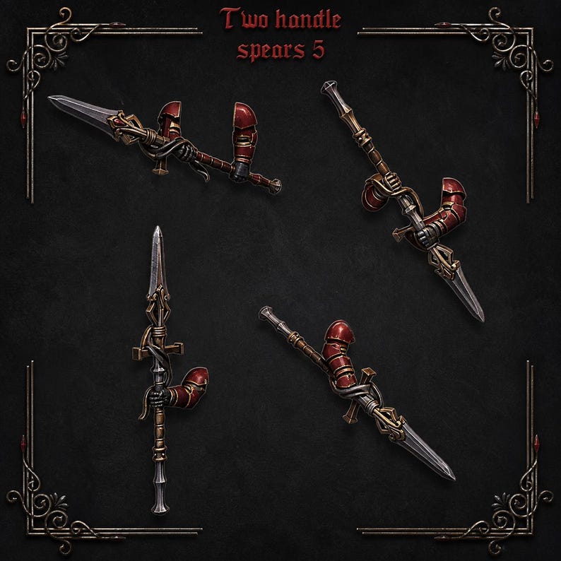 May include: Four miniature spears with metallic silver blades and dark red armor plating on the handles. Each spear features intricate gold-toned detailing and a dark grip. The text "Two handle spears 5" is centered at the top of the image.