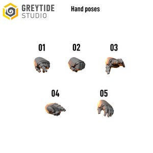 May include: A collection of five grey, 3D-rendered armored hand models labeled 01 through 05, displaying various gestures. The Greytide Studio logo and the text Hand poses are visible at the top. Each hand features segmented plating.