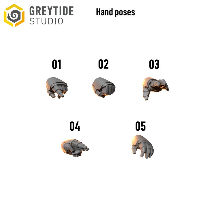 May include: A collection of five grey, 3D-rendered armored hand models labeled 01 through 05, displaying various gestures. The Greytide Studio logo and the text Hand poses are visible at the top. Each hand features segmented plating.