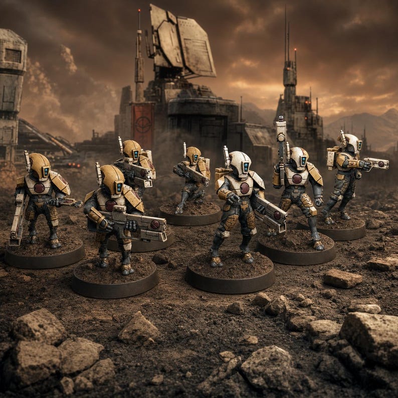 Op de afbeelding: Een groep van zes miniatuur sci-fi soldaatfiguurtjes staand op een rotsachtig, dor landschap. Elk figuur draagt een beige en donkergrijs pantser met een helm met een blauw vizier en houdt een futuristisch geweerachtig wapen in de handen.