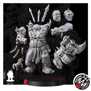 May include: A grey resin miniature kit featuring a muscular torso, two interchangeable heads, a large mechanical firearm with a blade, spiked armor pieces, three spear-like projectiles, and a small unicorn figure, with a 63 mm by 40 mm scale reference.