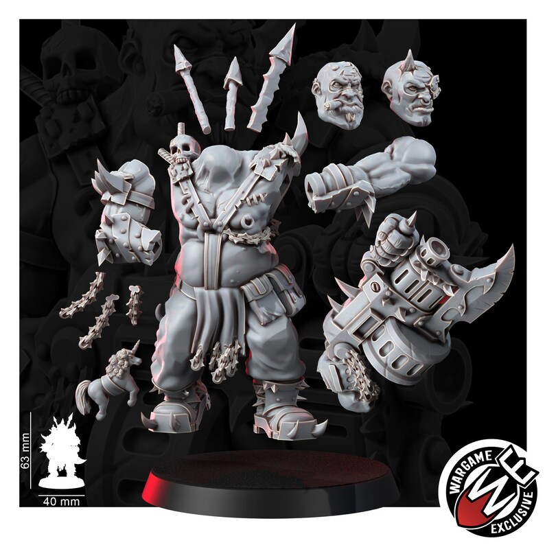 May include: A grey resin miniature kit featuring a muscular torso, two interchangeable heads, a large mechanical firearm with a blade, spiked armor pieces, three spear-like projectiles, and a small unicorn figure, with a 63 mm by 40 mm scale reference.