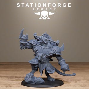 May include: A grey resin miniature figure of a muscular anthropomorphic rat warrior in a dynamic combat pose. The figure wears spiked armour, a chain around its neck, and holds a bladed weapon in one hand and a spiked mace in the other.