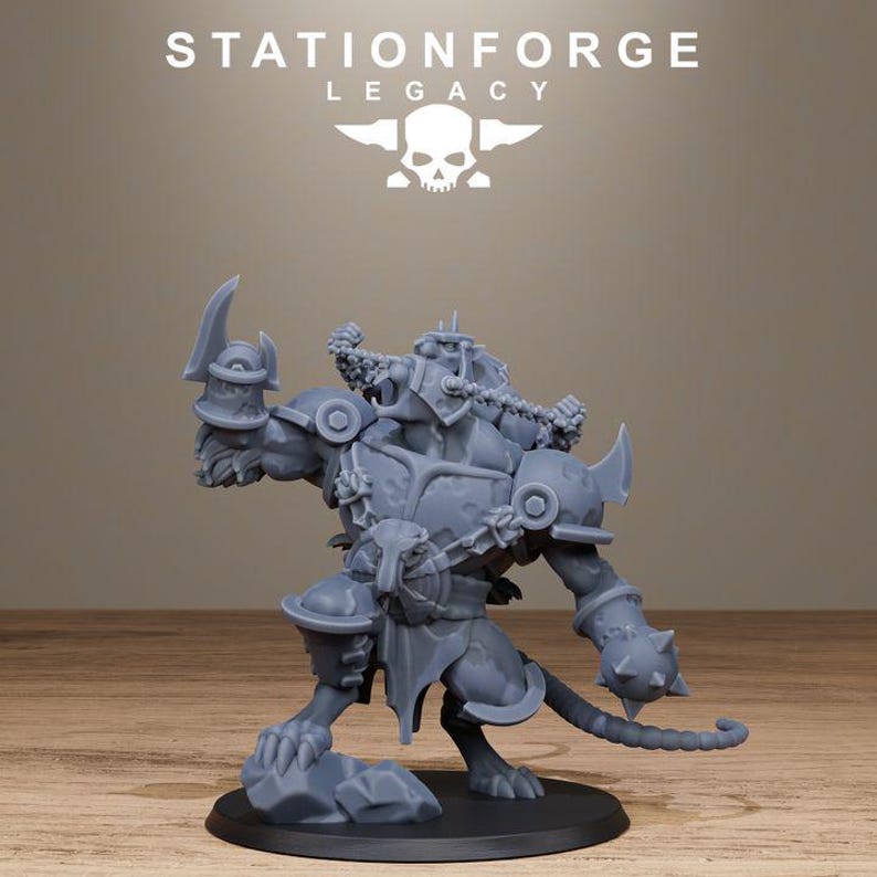 May include: A grey resin miniature figure of a muscular anthropomorphic rat warrior in a dynamic combat pose. The figure wears spiked armour, a chain around its neck, and holds a bladed weapon in one hand and a spiked mace in the other.