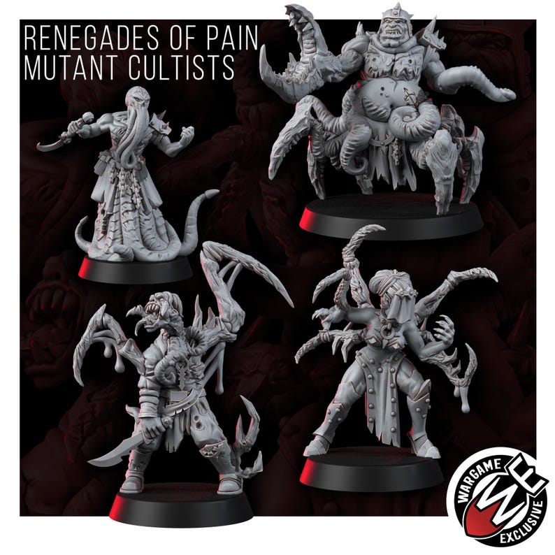 May include: Four grey resin miniature figures titled RENEGADES OF PAIN MUTANT CULTISTS. The set includes a tentacled humanoid, a large multi-legged creature, a winged figure with a blade, and a multi-armed warrior, all on black circular bases.