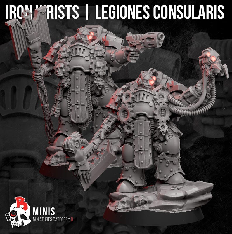 May include: Two grey unpainted miniature figures labeled IRON WRISTS | LEGIONES CONSULARIS. Each figure wears heavy armor adorned with skulls and gears, featuring glowing red eyes, mechanical cables, and weapons including a large axe and pistol.