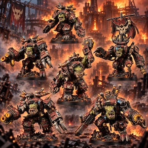 Op de afbeelding: Vijf groenhuidige ork-miniaturen in zware rood-zwarte mechanische bepantsering. Elk figuur is voorzien van metalen platen, uitlaatpijpen en geïntegreerde wapens zoals zagen en kanonnen. Eén figuur houdt een banier met een schedel.