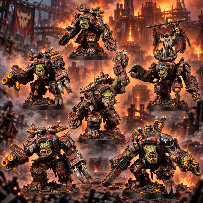 May include: Five green-skinned orc miniatures in heavy red and black mechanical armor. Each figure features metallic plating, exhaust pipes, and integrated weaponry like saws and cannons. One figure holds a banner with a skull emblem.