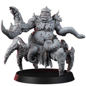May include: A gray unpainted miniature figure of a hulking creature with a humanoid upper body wearing a helmet, a large pincer claw on one arm, and a lower body consisting of multiple insect-like legs and tentacles, mounted on a black base.
