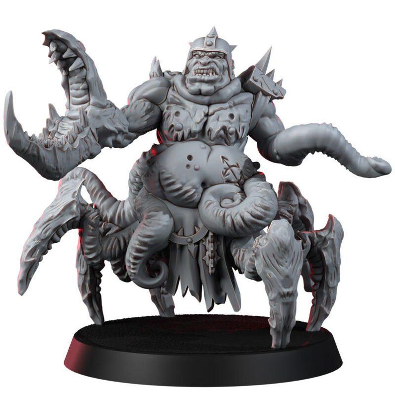 May include: A gray unpainted miniature figure of a hulking creature with a humanoid upper body wearing a helmet, a large pincer claw on one arm, and a lower body consisting of multiple insect-like legs and tentacles, mounted on a black base.