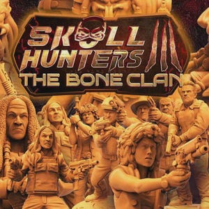 May include: A promotional image for "Skull Hunters: The Bone Clan" featuring multiple detailed sculptures of alien-like figures and human characters. The figures are in a tan color, with the title text in a red and white design.