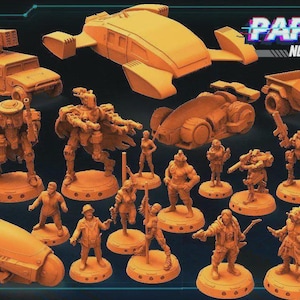 May include: An assortment of orange miniature figurines and vehicles, such as tanks, aircraft, and figures on circular bases. The image includes the text "Papsikels November 2020" and "Presupported".