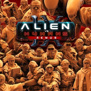 May include: A collection of tan-colored figurines depicting a battle scene between aliens and humans. The figures are detailed and varied, with some holding weapons. The title "Alien vs Humans Remus" is displayed prominently in the center.