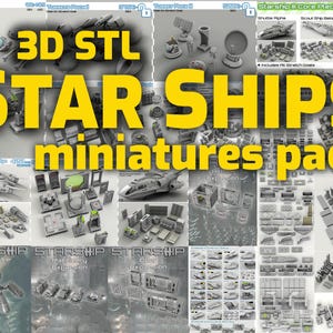 Könnte beinhalten: Eine Sammlung von 3D-STL-Raumschiffminiaturen, darunter verschiedene Raumschiffe und Komponenten. Das Bild zeigt eine Vielzahl grauer Modelle mit dem Text "3D STL STAR SHIPS miniatures pack" in großen gelben Buchstaben.