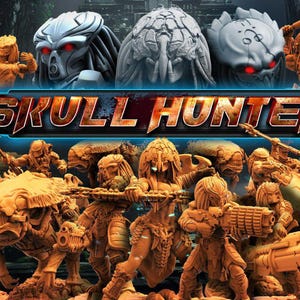 Puede incluir: Imagen promocional de "Skull Hunters" con múltiples figuras detalladas de cazadores alienígenas en varias poses, con armas y armaduras. Las figuras son en tonos naranja y marrón, con tres cabezas alienígenas sobre el título. El título "Skull Hunters" se muestra de forma destacada.