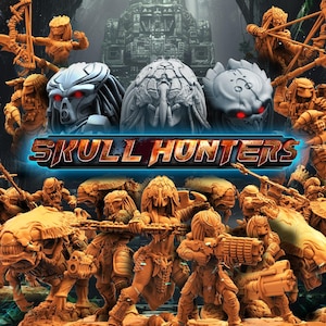 May include: A promotional image for "Skull Hunters" featuring various Predator-like figures and busts. The figures are in a tan color, with red glowing eyes. The image includes the title "Skull Hunters" in a glowing blue and orange font.
