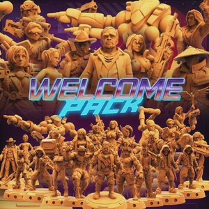 May include: A collection of beige-colored miniature figurines, including soldiers, robots, and characters, arranged on circular bases. The text "WELCOME PACK" is displayed in a vibrant, multi-colored font. The overall theme suggests a tabletop gaming or hobbyist product.