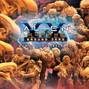 May include: A promotional image for "Alien vs Humans: Ground Zero," featuring detailed 3D-rendered figures of aliens, soldiers, and Predator-like creatures. The title is in a futuristic font, with "August 2025 Release" text below.