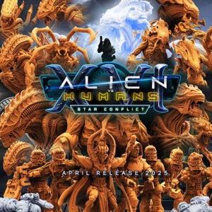 Puede incluir: Imagen promocional de "Alien vs Humans II: Star Conflict" con figuras de alienígenas y humanos en naranja y azul. El título se muestra, junto con "Lanzamiento en abril de 2025".