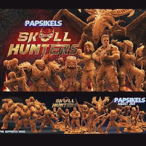 May include: Promotional image for "Skull Hunters" miniatures by Papsikels. The image shows several detailed, tan-coloured miniature figures of warriors and alien creatures. The title is displayed in red and gold, with the Papsikels logo at the top.