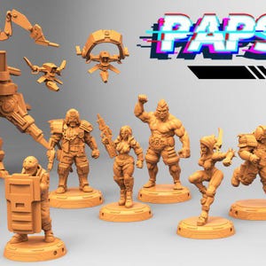 Puede incluir: Colección de figuras en miniatura de color naranja, incluyendo soldados, robots y un gran mech. Las figuras están sobre bases circulares. La imagen incluye el texto "Papsikels" y "July 2020".