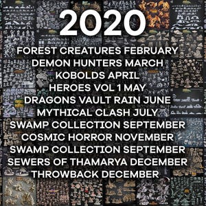 May include: A collage of miniature figurines, organized by theme and month, with the year "2020" at the top. Themes include "Forest Creatures," "Demon Hunters," "Kobolds," and "Cosmic Horror." The image is a promotional display of various collectible figures.