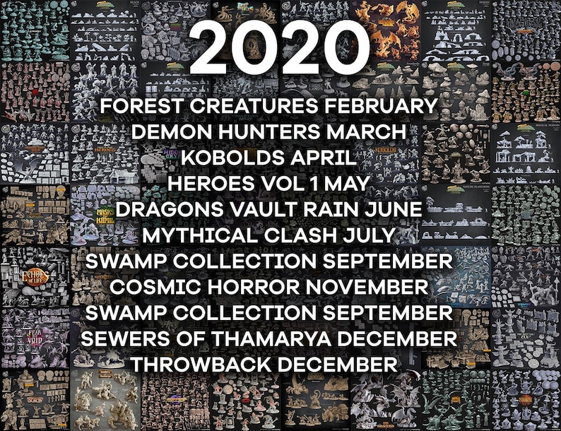 May include: A collage of miniature figurines, organized by theme and month, with the year "2020" at the top. Themes include "Forest Creatures," "Demon Hunters," "Kobolds," and "Cosmic Horror." The image is a promotional display of various collectible figures.