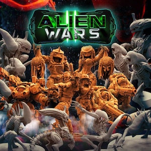 May include: A promotional image for "Alien Wars" featuring various alien and human figures in a sci-fi setting. The figures are in shades of orange and gray, with the title in green and white.