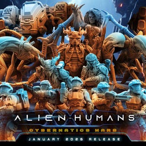 Op de afbeelding: Een verzameling gedetailleerde beeldjes die buitenaardse wezens en futuristische soldaten uitbeelden. De figuren zijn in tinten oranje, blauw en bruin, met de tekst "ALIEN HUMANS" en "CYBERNATICS MARS". Release in januari 2025.