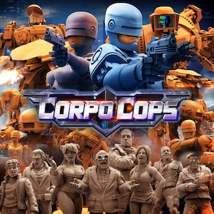 Puede incluir: Imagen promocional de "Corpo Cops" con policías robot futuristas y un grupo de personajes humanos. El título se muestra en una fuente metálica. La paleta de colores incluye tonos de azul, naranja y gris.