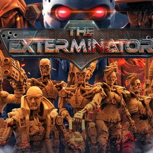 May include: A digital art image featuring a group of futuristic soldiers with skeletal faces and robotic elements. The title "THE EXTERMINATOR" is displayed prominently. The color palette is dominated by shades of orange, brown, and gray.