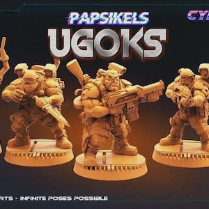 May include: A group of five beige-colored miniature figurines of heavily armored soldiers, each posed differently and holding weapons. The figures are on circular bases, with the text "PAPSIKELS UGOKS CYBERPUNK TIER" at the top.