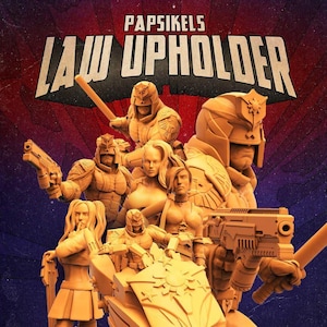 May include: A digital art piece featuring multiple figures in futuristic armor, holding weapons. The text "PAPSIKELS LAW UPHOLDER" is displayed in a bold, stylized font. The color palette includes shades of tan, red, and blue, creating a dynamic composition.