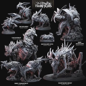 May include: A collection of gray fantasy miniatures, including Jackalopes, Cockatrice, and a Nightmare Beast. The miniatures are on bases ranging from 25mm to 150mm. The Wilds logo is at the top.