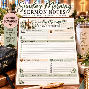 Peut inclure: Une feuille de notes de sermon du dimanche matin imprimable avec des sections pour la référence biblique, le sujet, les notes clés, la perspective, les étapes d'action et les prières, ornée de feuilles vertes et du texte Sunday Morning Sermon Notes.
