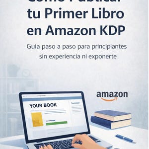 以下が含まれることがあります： 「YOUR BOOK」というテキストが表示された、書籍出版インターフェースを表示するラップトップのイラスト。画像にはAmazonのロゴと「Cómo Publicar tu Primer Libro en Amazon KDP」というテキストも含まれています。ペンと2冊の本も表示されています。