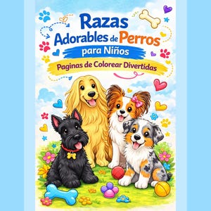 May include: A colorful children's coloring book titled "Razas Adorables de Perros para Niños" featuring illustrations of various dog breeds. The cover art includes cartoon dogs, flowers, and playful elements.