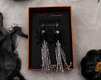 Betsey Johnson Disco Spider Earrings NIB Halloween Crystal Rhinestone Tassel Dangle Statement Earrings Black Spider Jewelry