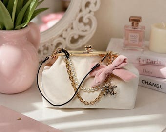 NWT Juicy Couture Ivory Velvet Purse Pink Bow Pearl Chain Rhinestone JC Charm Kiss Lock Handbag Y2K Coquette Bag