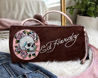 Ed Hardy Skull Rose Purse Y2K Pink Brown Shoulder Bag NWT | Rhinestone Skull Tattoo Style Handbag | Vintage Inspired Ed Hardy Bag