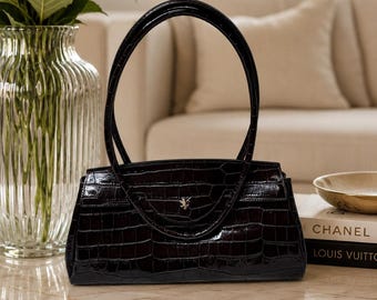 NWT Pratesi Italian Leather Croc Embossed East West Shoulder Bag | Made in Italy Coffee Brown U-Flap Purse | Luxury Leather Handbag