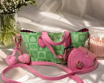 NWT Juicy Couture Pink Green Checkerboard Heart Tote Crossbody Bag Set