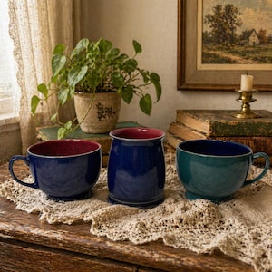 May include: Three ceramic mugs in shades of blue and teal sit on a wooden table. The mugs have a contrasting red interior. A plant in a decorative pot and a framed painting are in the background.