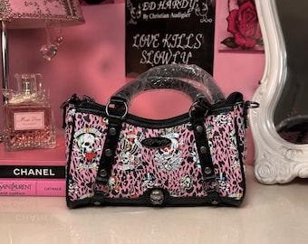 Ed Hardy Y2K Pink Leopard Skull Tattoo Shoulder Bag Purse NWT