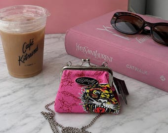 Ed Hardy Pink Tiger Coin Purse Y2K Kiss Lock Chain Wallet NWT