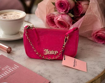 NWT Juicy Couture Hot Pink Logo Embossed Mini Shoulder Bag Y2K Glam Purse Gold Chain Baguette Handbag Barbiecore